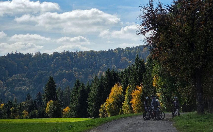 Gravelbike Urlaub im Schwarzwald © David Lemanski Radfahrer machen Pause auf Waldweg im herbstlichen Landschaftspark