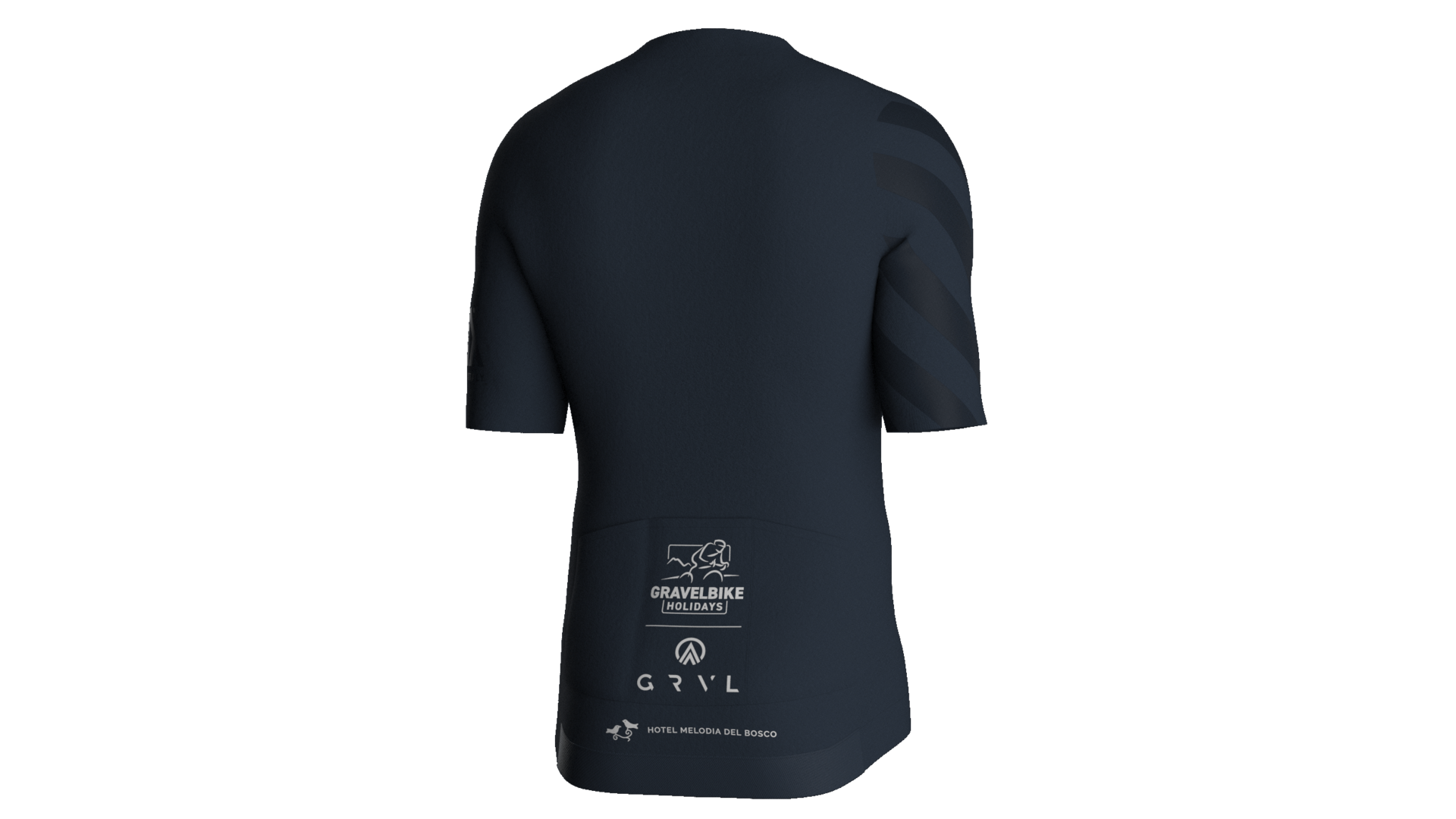 Alpine Gravel Experience © GRVL.cc Dunkelblaues Gravelbike-Trikot mit kurzen Ärmeln, Rückansicht