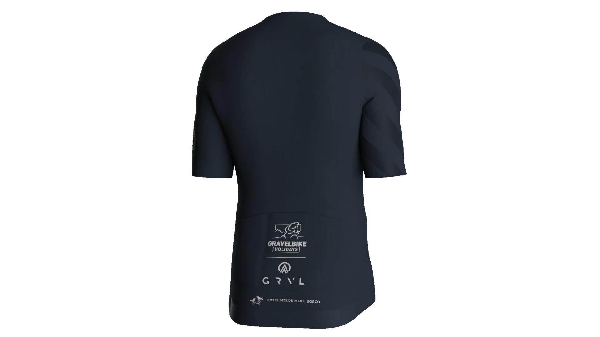 Dark blue gravel bike short-sleeve jersey, back view