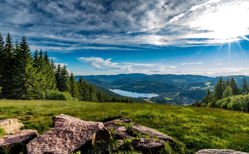 Gravelbike Urlaub in Baden-Württemberg © Hochschwarzwald Tourismus GmbH - Klaus Hansen Grüne Wiese mit Felsen, Tannenwald und See unter bewölktem Himmel
