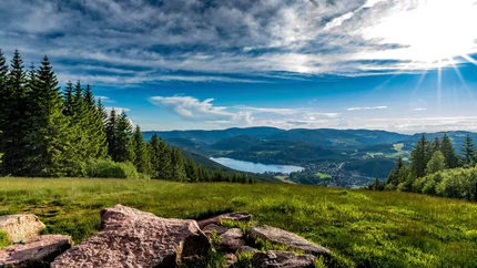 Baden-Württemberg © Hochschwarzwald Tourismus GmbH - Klaus Hansen Grüne Wiese mit Felsen, Tannenwald und See unter bewölktem Himmel