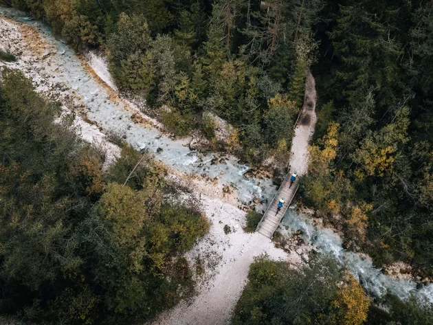 Luftaufnahme von Wanderern auf einer Brücke über einen Fluss im Wald