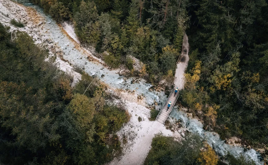 Luftaufnahme von Wanderern auf einer Brücke über einen Fluss im Wald