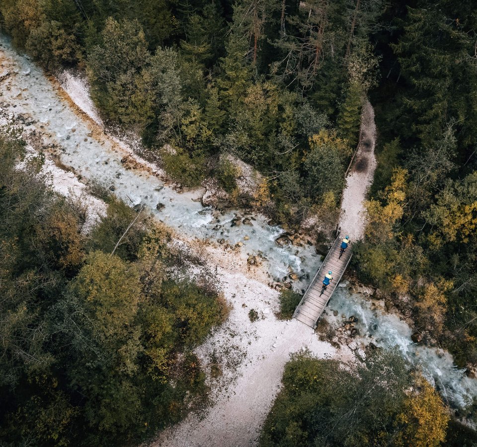 Luftaufnahme von Wanderern auf einer Brücke über einen Fluss im Wald