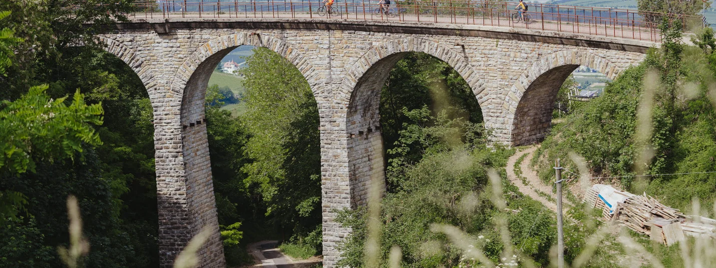 Stone arch bridge with cyclists in green landscape and mountains in background
