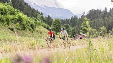 Two cyclists biking on a path in a mountainous, forested landscape