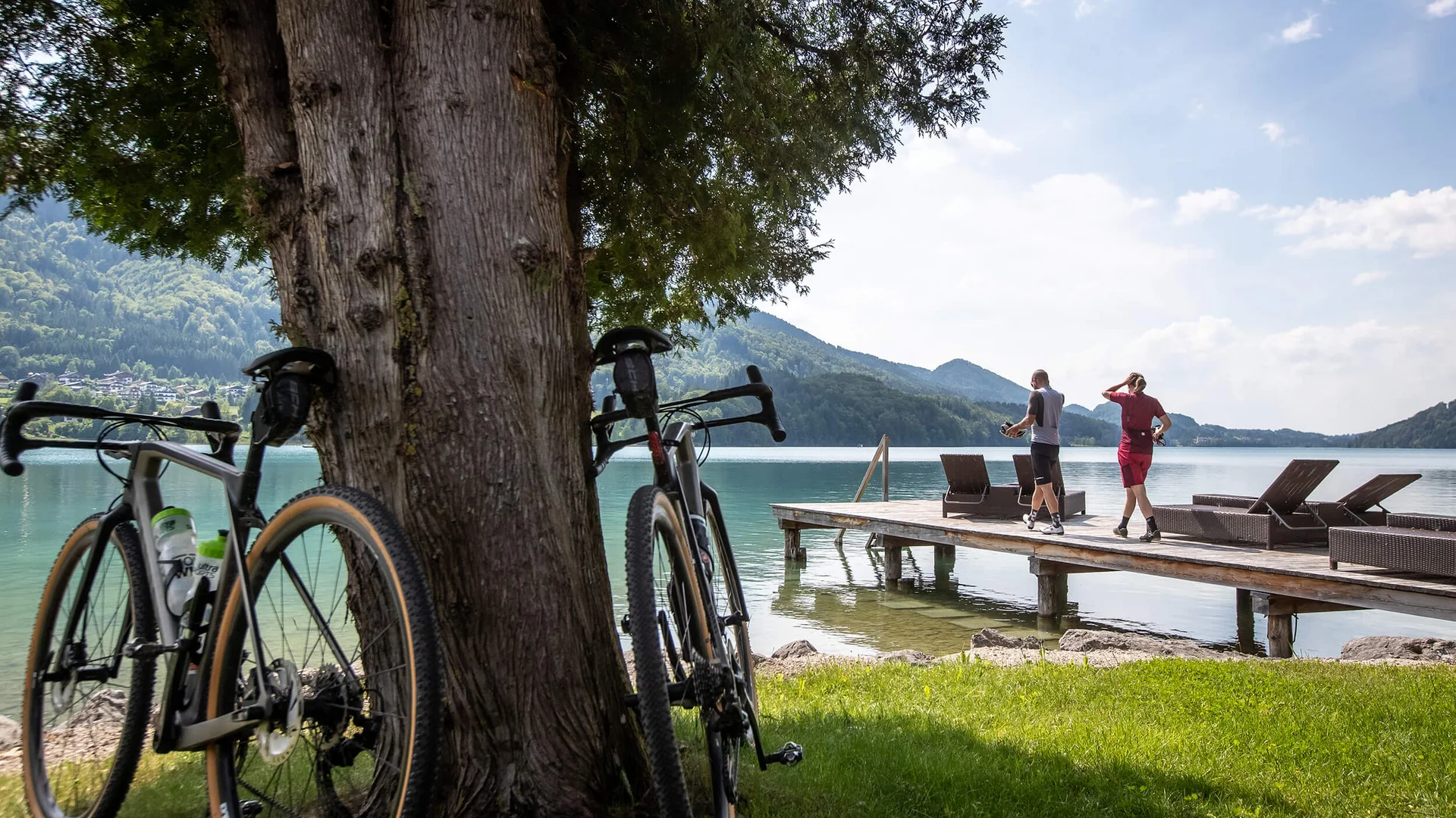 Zwei Fahrräder lehnen an einem Baum am See mit Personen auf Steg