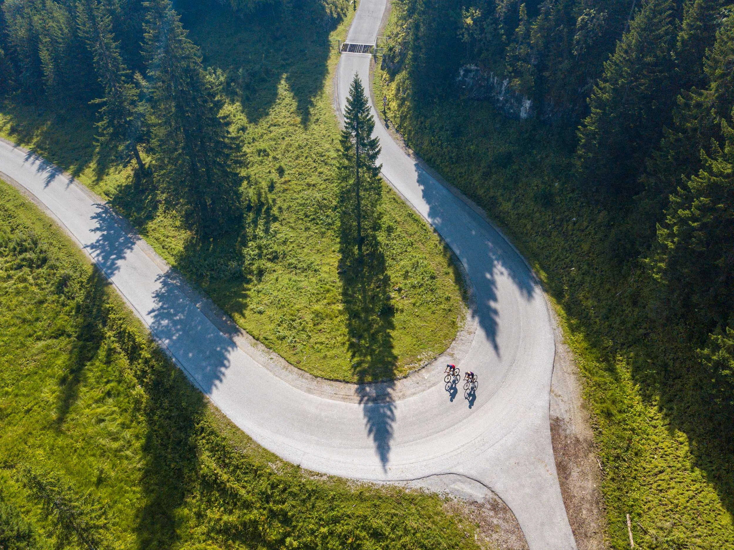 Zwei Radfahrer auf einer kurvigen Bergstraße mit grünen Wiesen und Bäumen