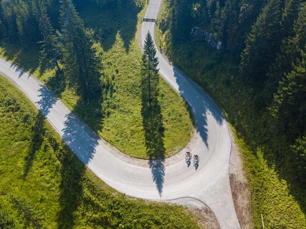 Epic Route Vorarlberg - Salzburg © Christina Neubauer Two cyclists on a winding mountain road with green grass and trees