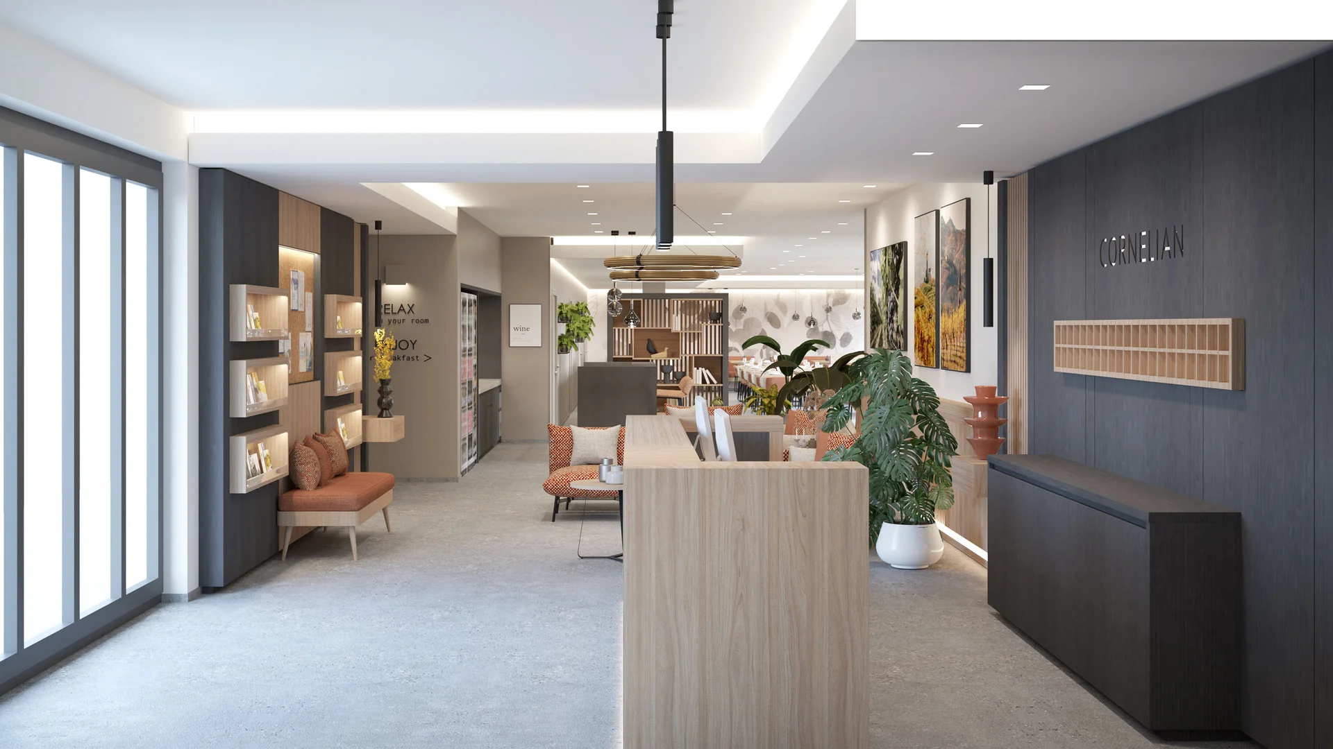 Moderner Empfangsbereich mit hellem Design und Sitzgelegenheiten