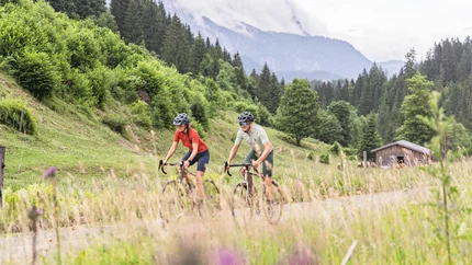 Two cyclists riding on a mountain trail with forest and meadows in the background