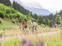 Saalbach Hinterglemm Leogang Fieberbrunn © Yvonne Hörl Zwei Radfahrer fahren auf einem Bergweg mit Wald und Wiesen im Hintergrund