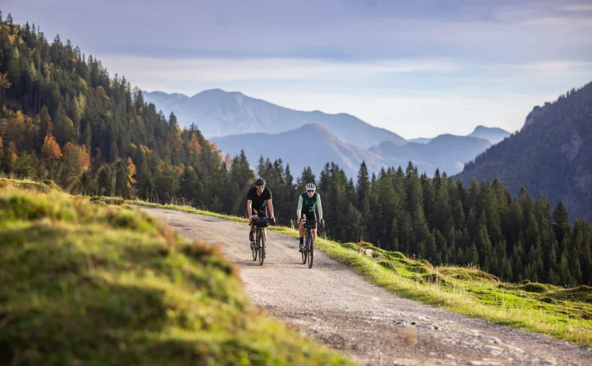 Two cyclists on mountain trail with forest and mountains in background