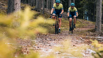 Zwei Radfahrer fahren auf einem Waldweg zwischen Bäumen