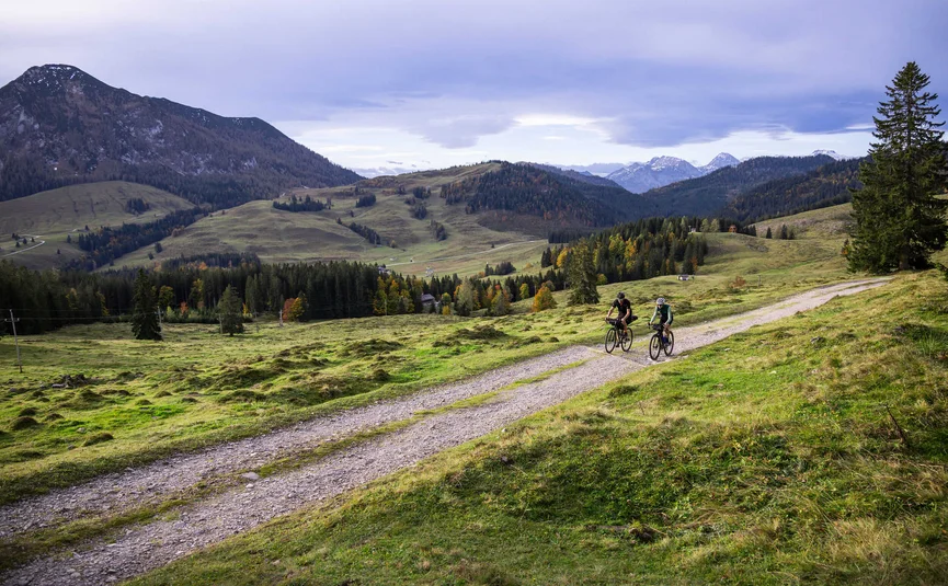 Two cyclists riding on a mountain trail in green alpine landscape