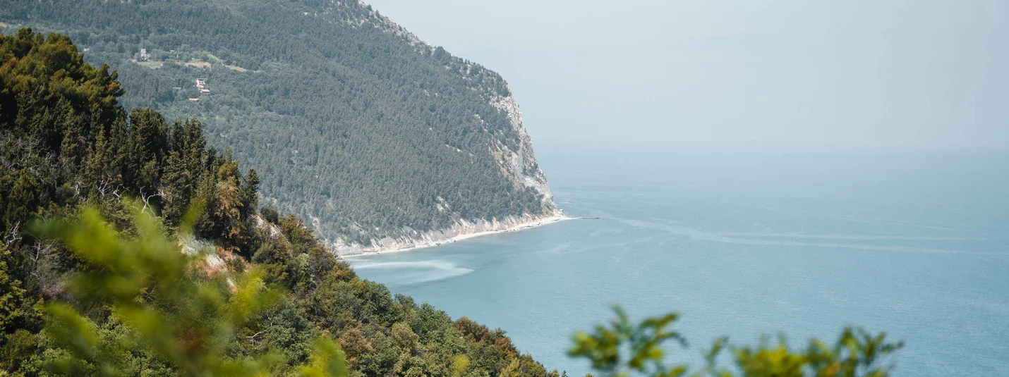Küste mit bewaldeten Hügeln und Blick auf das blaue Meer