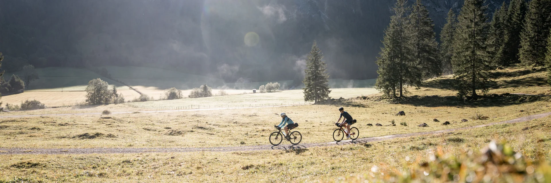 Two cyclists riding on a trail in a sunny mountain meadow