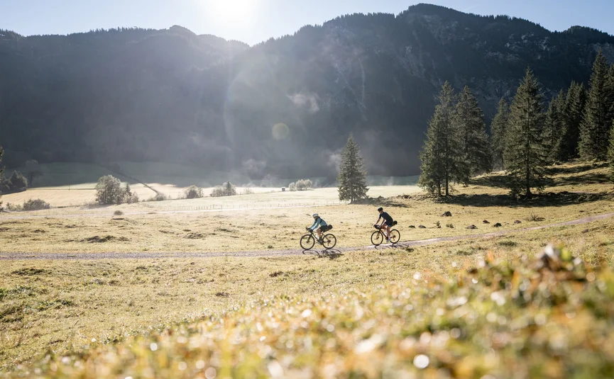 Zwei Radfahrer fahren auf einem Feldweg vor Bergkulisse bei Sonnenschein