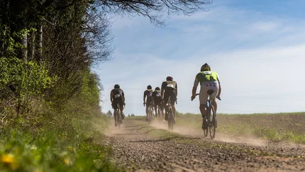 Fahrradfahrer fahren auf einem staubigen Feldweg neben einem Wald.