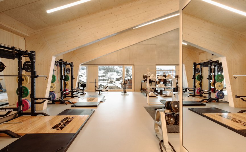 Bright gym with wooden walls and weights in front of large windows