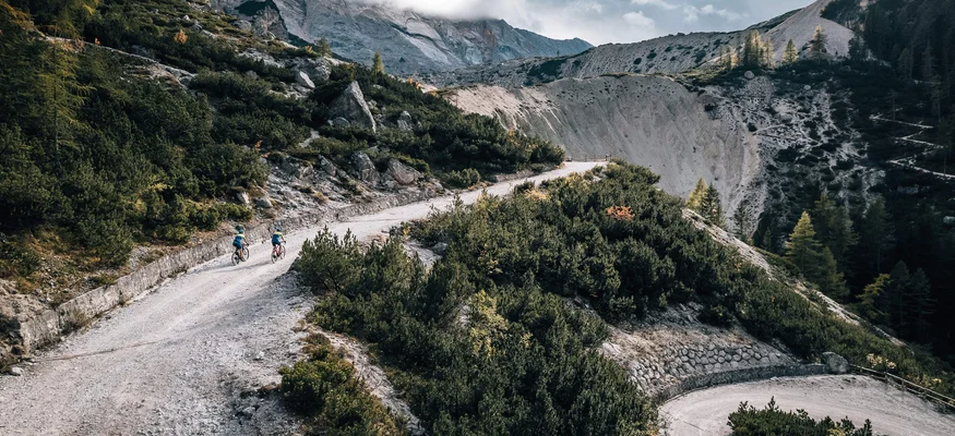 Zwei Radfahrer auf Bergstraße mit Kurven, umgeben von Bäumen und Bergen