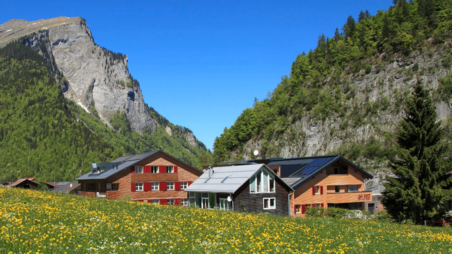 Epic Route Vorarlberg - Salzburg © Alpen Hotel Post Mountain village with fields of yellow flowers and rocky cliffs in the background