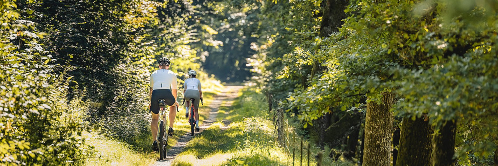 Landrefugium Obermüller ****S © Stefan J. Wolf Photography Zwei Radfahrer fahren auf einem schmalen Waldweg bei Sonnenschein