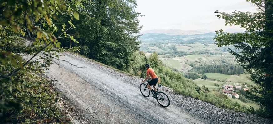 Mountainbiker fährt auf einem Waldweg mit Blick auf das Tal und Berge