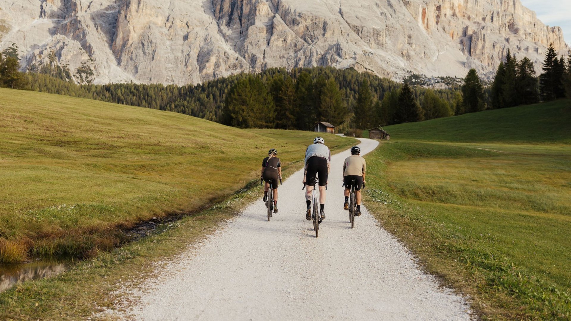 Alpine Gravel Experience © Alex Moling Drei Radfahrer auf einem Weg mit Berglandschaft und Wiesen
