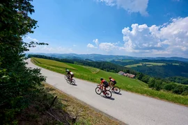Gravel bike holiday in the Bucklige Welt © Joris Lugtigheid Four cyclists riding uphill on a country road with hills and blue sky