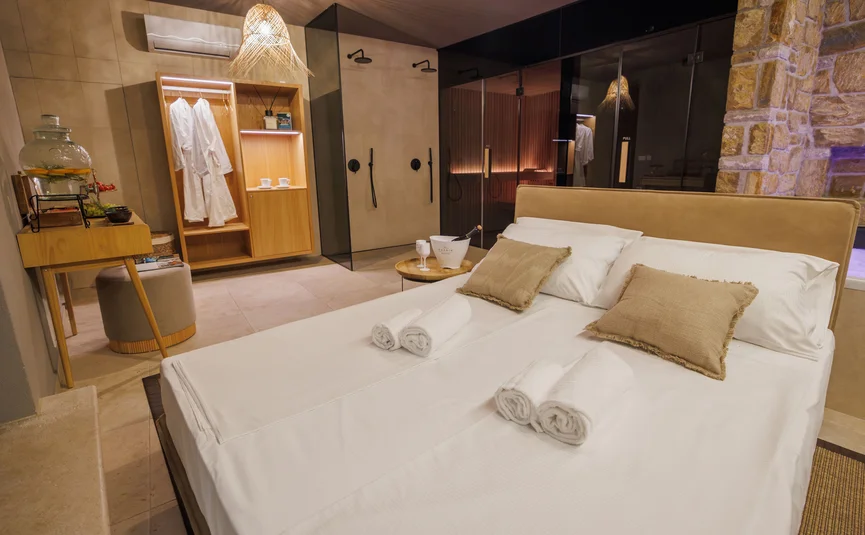 Hotel room with large bed, two bathrobes, and modern shower