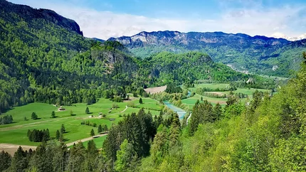 Grünes Tal mit Bergen, Fluss und blauem Himmel