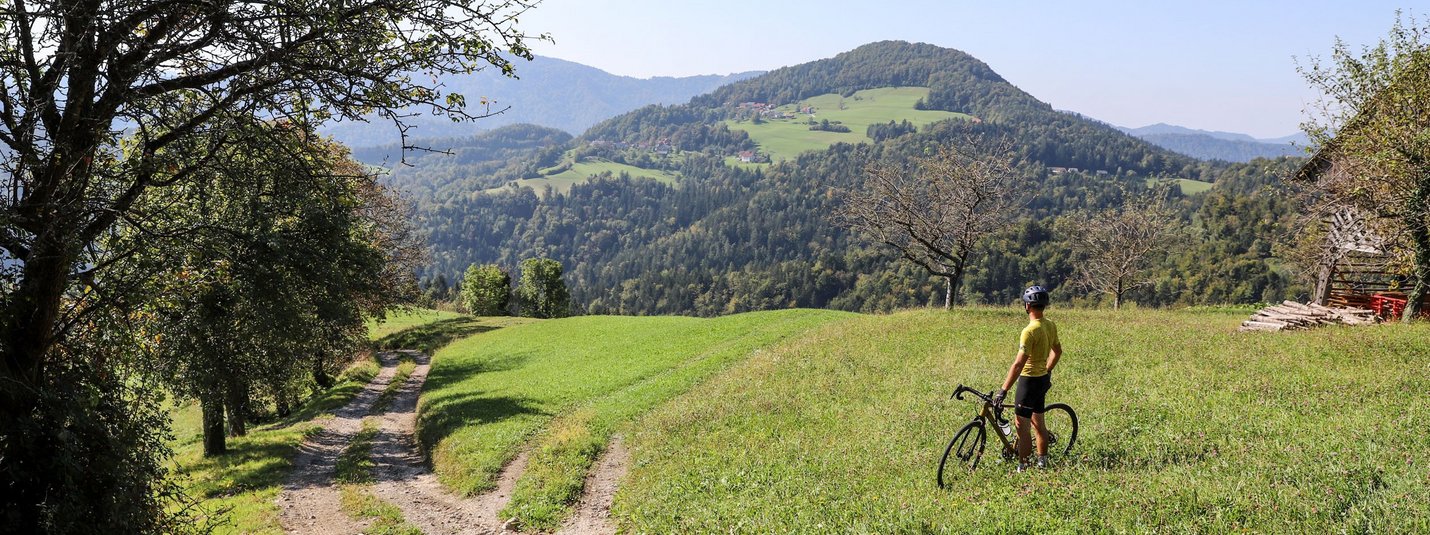 Špilk © Kaja Ribezl Cyclist standing on meadow looking at mountainous landscape