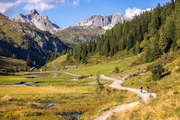 Angebote © Salzburger Land Tourismus Zwei Radfahrer auf Bergweg mit Alpen, Wiesen und Tannen im Hintergrund