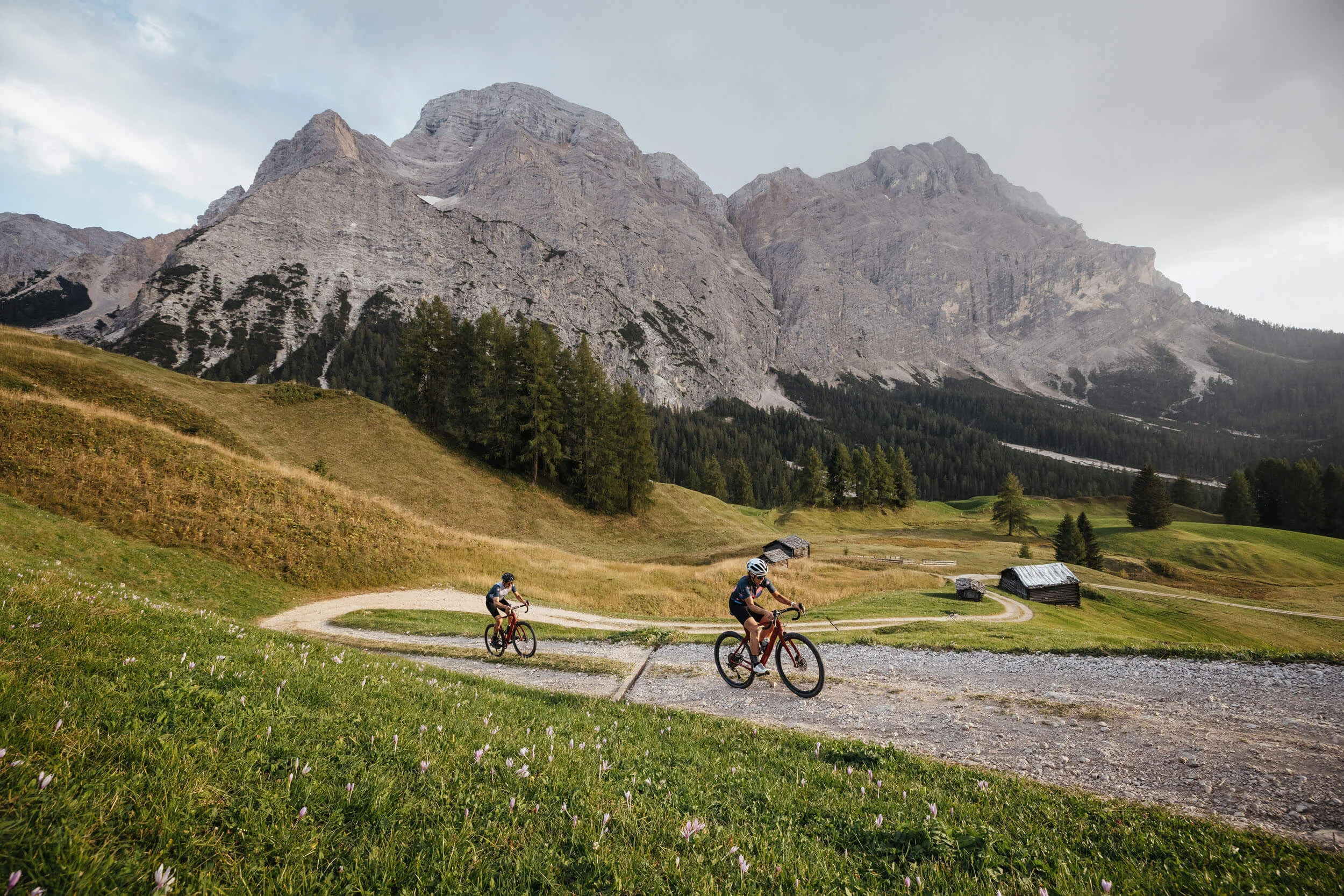 Italy © Alex Moling Two cyclists on a mountain trail with Alps in the background