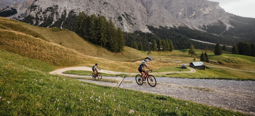 Alta Badia © Alex Moling Two cyclists on a mountain trail with Alps in the background