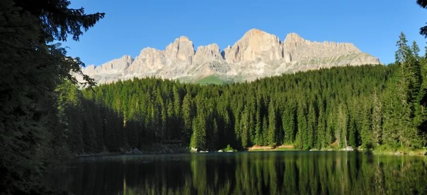 Bergspitzen mit Wald und Spiegelung im See