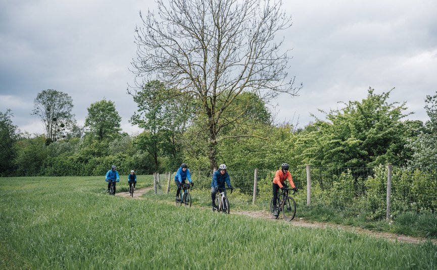 Fünf Radfahrer fahren auf einem schmalen Waldweg entlang einer grünen Wiese