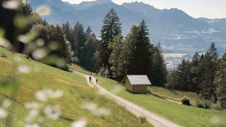 Gravelbiken in Vorarlberg: Die 7 schönsten Highlights zwischen Bodensee und Alpen © Janine Brugger - Vorarlberg Tourismus Zwei Radfahrer auf Waldweg mit Bergen im Hintergrund