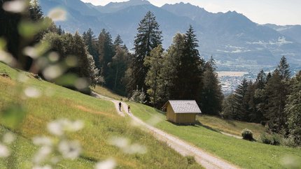 Großes Walsertal Gravel Tour © Janine Brugger - Vorarlberg Tourismus Two cyclists on forest path with mountains in the background