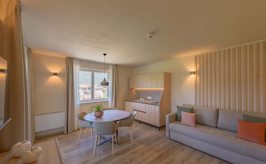 Cozy living room with dining table, kitchenette, and sofa with colorful pillows