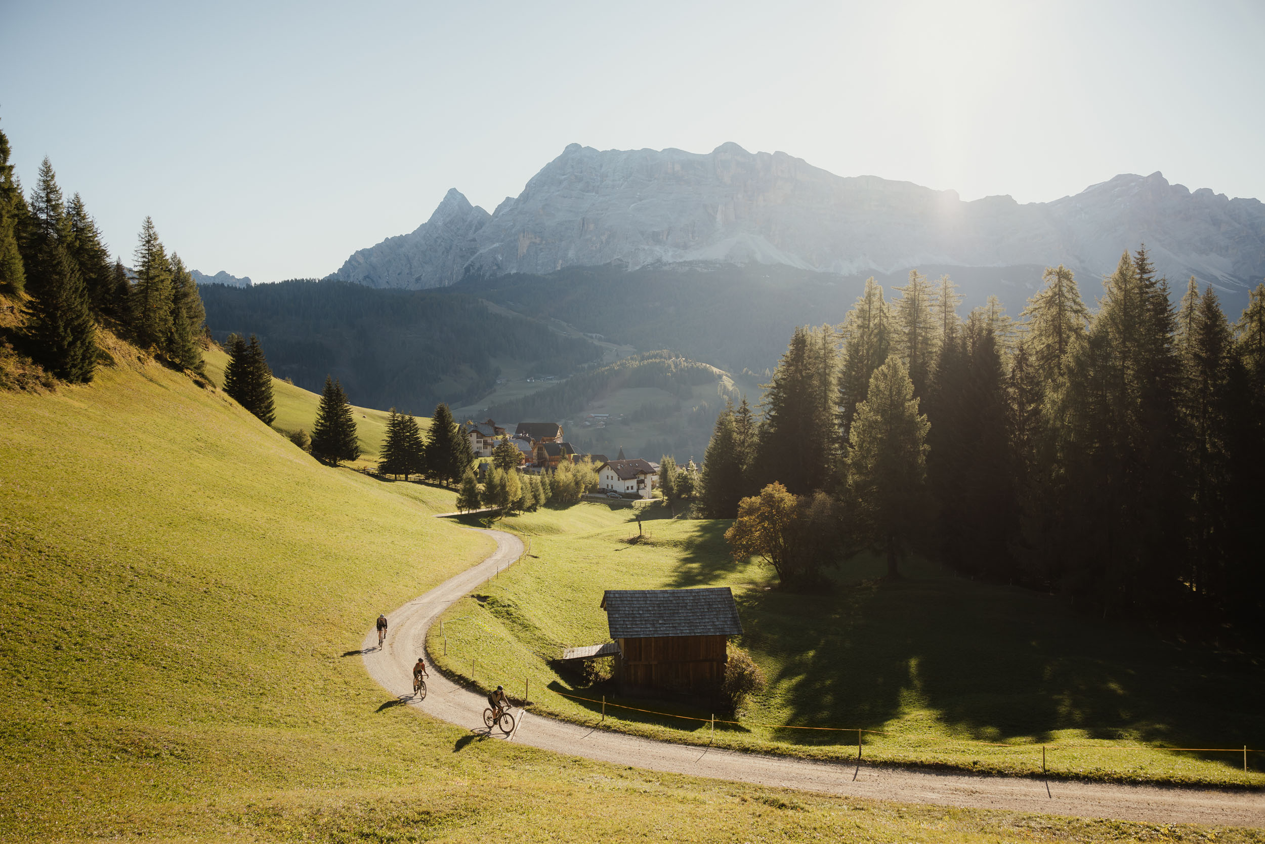 Alpine Gravel Experience © Alex Moling Radfahrer auf einem Bergweg mit Blick auf einen sonnigen Berg und Wald